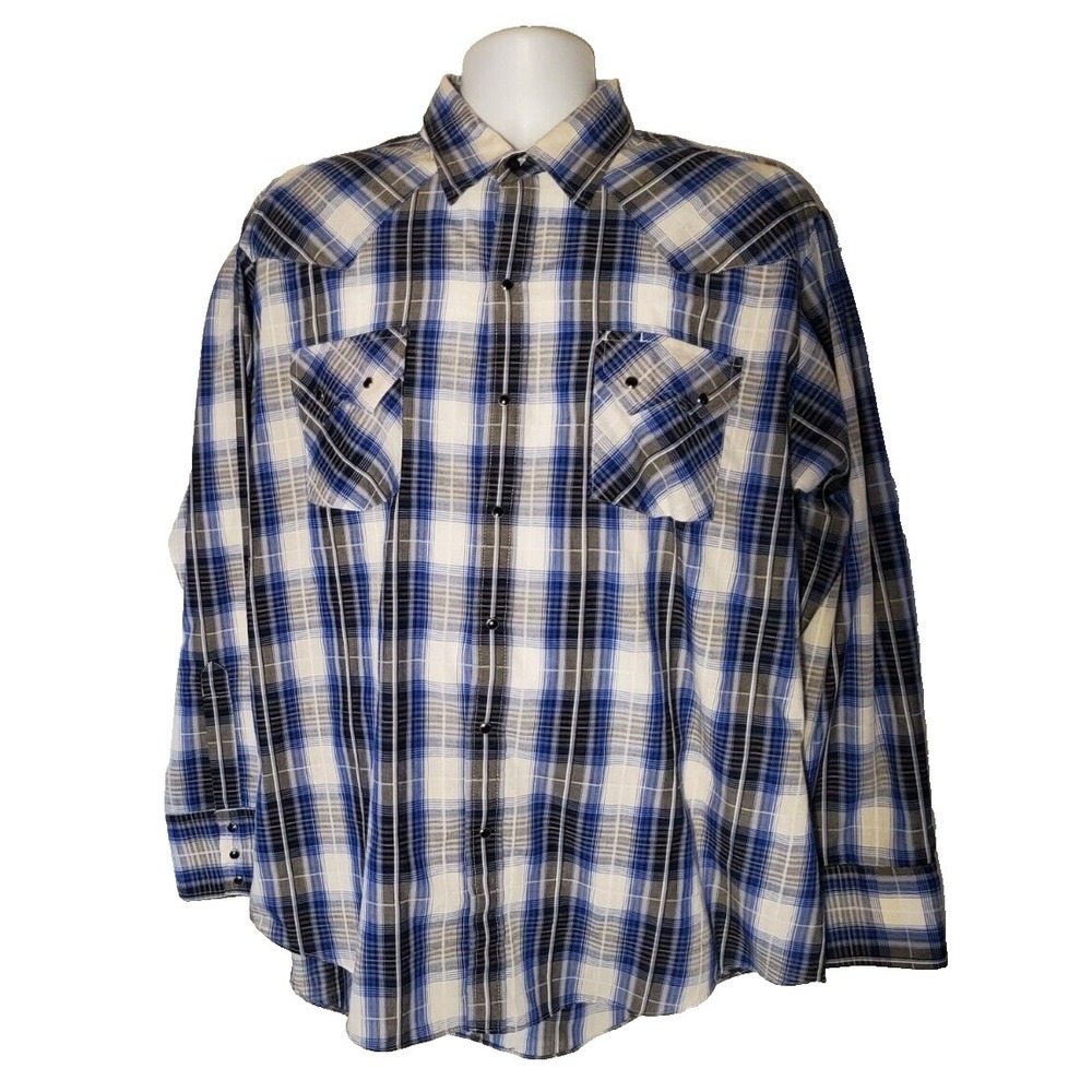 Ely Cattleman Men's XL Blue Plaid Western Long-Sleeved Snap Shirt‎